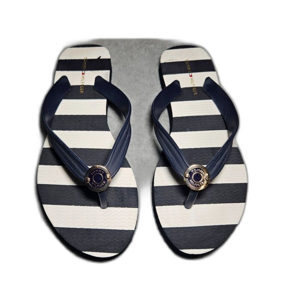 Tommy Hilfiger Womens 7M Navy White Striped Flip Flops Gold Logo Sandals